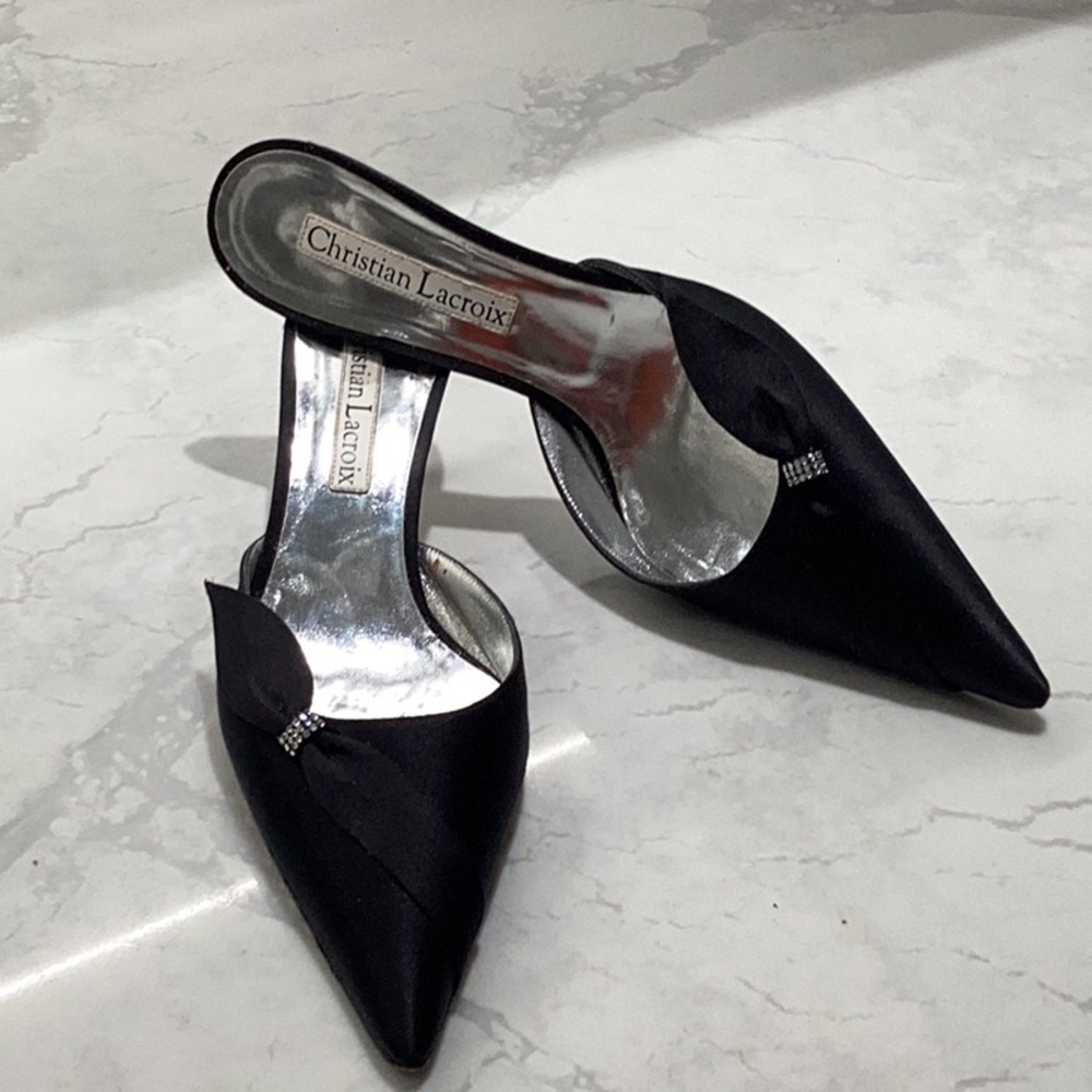 Christian Lacroix Black Heels Elegant Pointed-Toe Mules